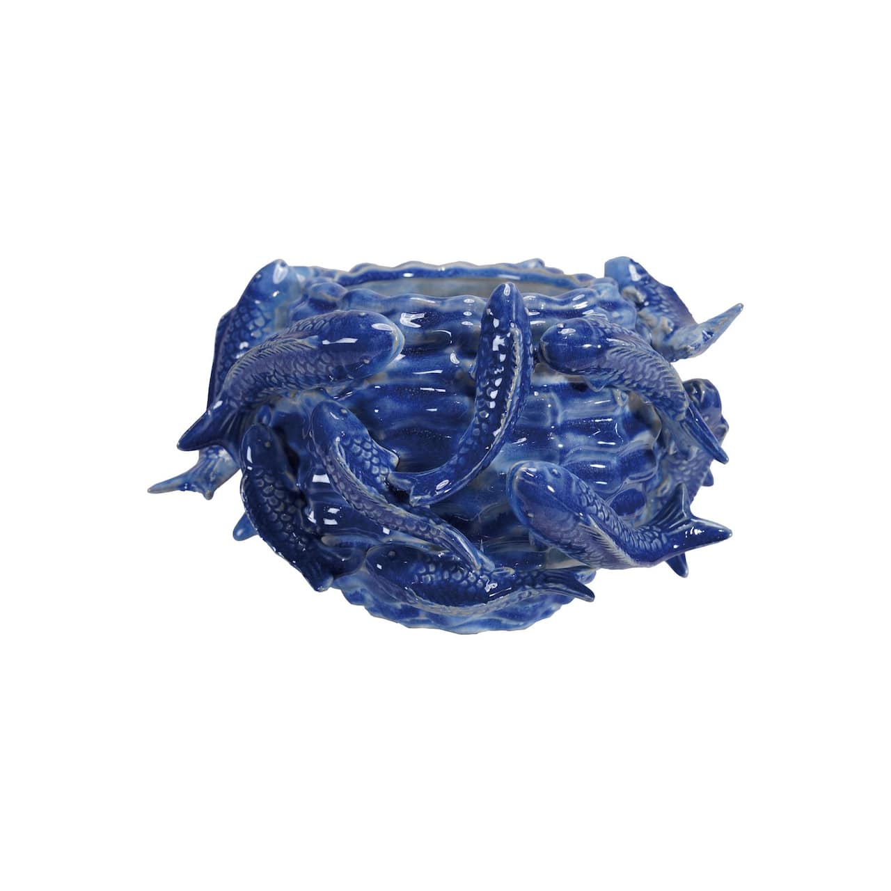 Hello Honey® 4" Round Handmade Stoneware Blue Planter with 3D Fish in Reactive Glaze